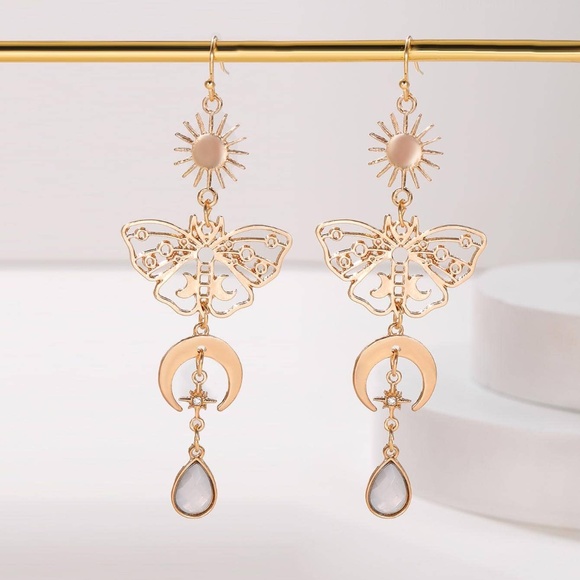 Gold Tone Butterfly Moon Earrings - Picture 3 of 3